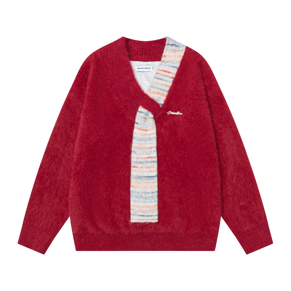Splicing V-neck sweater