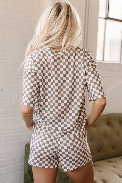Brown Checkered Top and Short Casual 2pcs Set