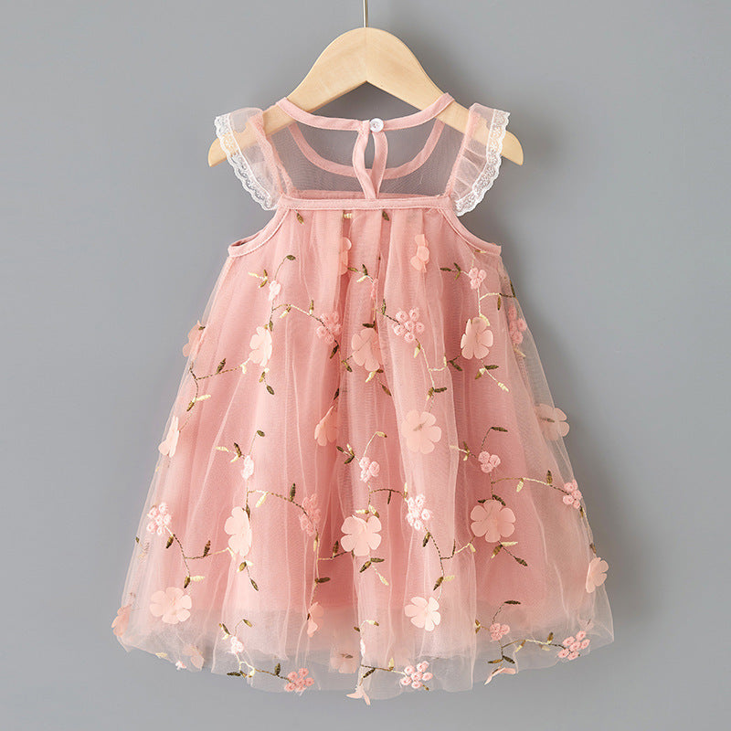 Embroidered Lace Tulle Dress for Girls Summer Fashion Charming Princess Dress with Delicate Embroidery and Layered Tulle Skirt