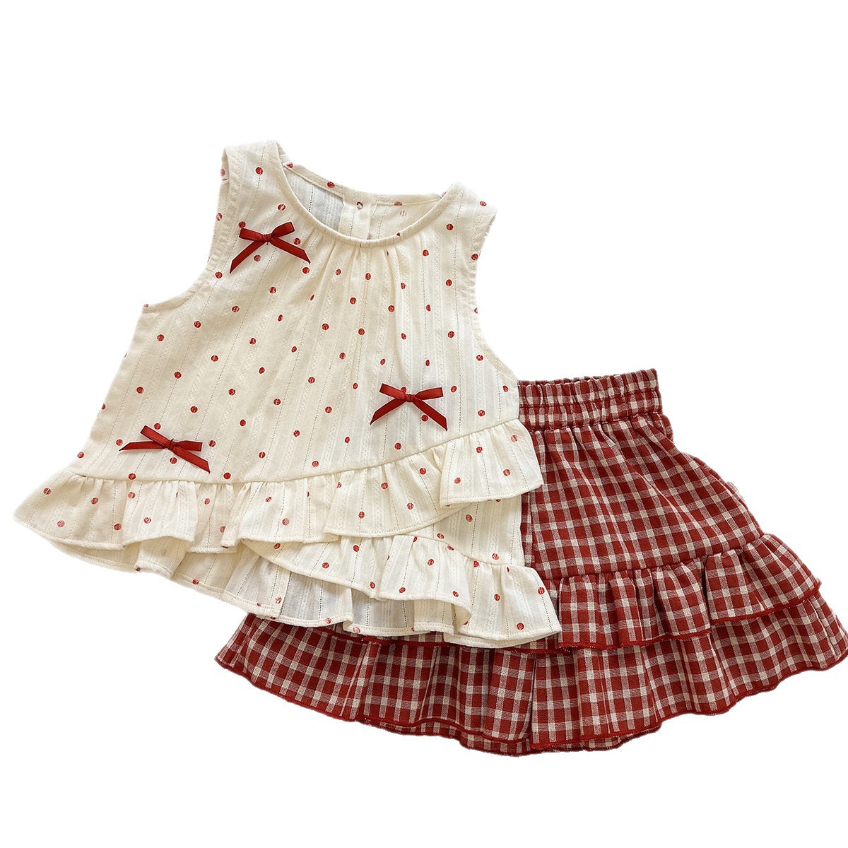 Summer Girls' Outfit Set Bow Polka Dot Sleeveless Top with Plaid Skirt Pants, Vintage Two-Piece Set