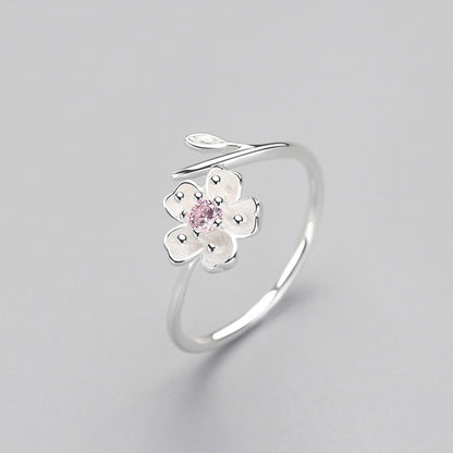925 Sterling Silver Zircon Enamel Plum Flower Adjustable Ring Elegant Fine Jewelry For Women Romantic Party Bijoux