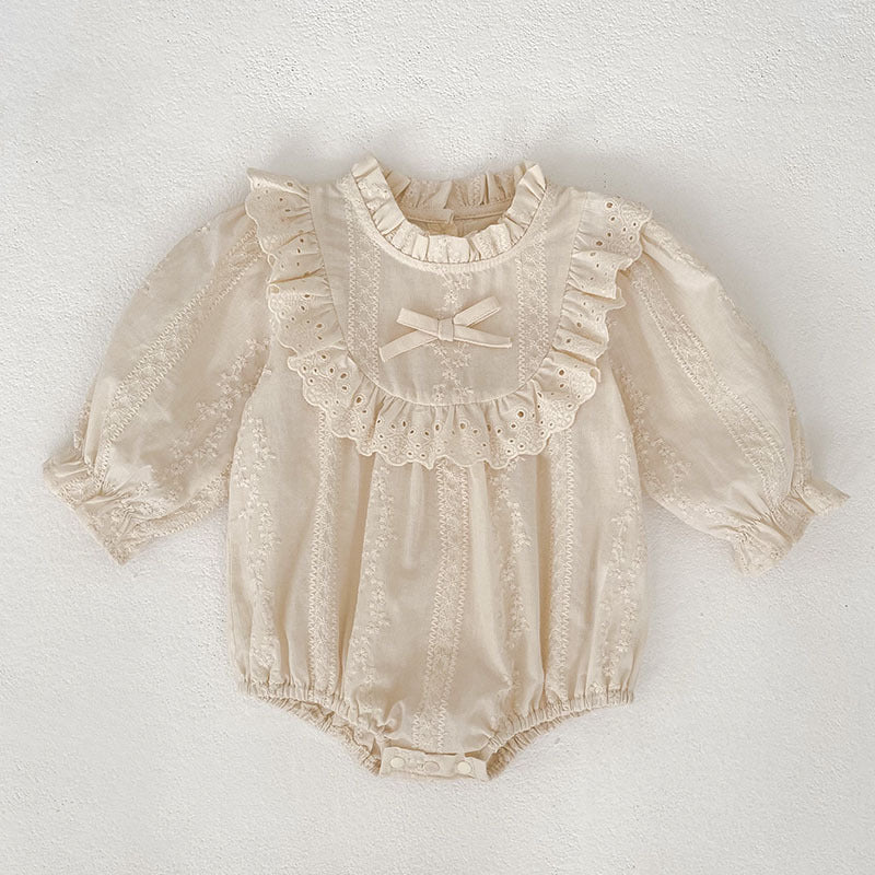 Spring and Autumn Baby Romper, Long Sleeve Embroidered Onesie with Lace Collar, Cotton Baby Outfit for Girls