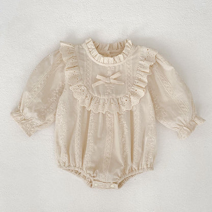 Spring and Autumn Baby Romper, Long Sleeve Embroidered Onesie with Lace Collar, Cotton Baby Outfit for Girls