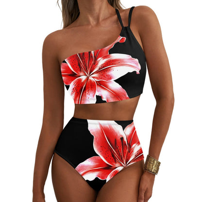 New women's high waisted bikini set with one shoulder floral print swimsuit, 2-piece set, belly cinching swimsuit