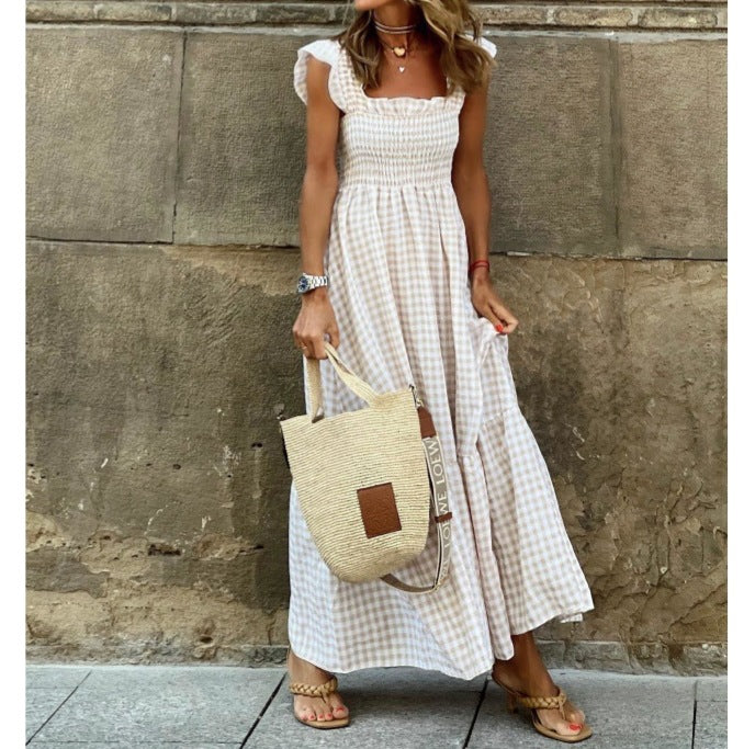 Robe à bretelles patchwork à carreaux chic pour femme, avec taille élastiquée et coupe évasée