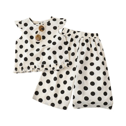 Cute Girl's Summer Outfit Set with Polka Dot Print, Sweet Flutter Sleeve Top and Ruffled Long Pants Two-Piece Set