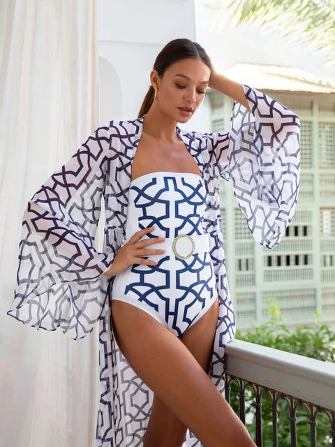 Women's Geometric Print One Piece Swimsuits Cover Up Fashion Bikinis Sets Strapless Bandage Swimwear Bathing Suit Beachwear