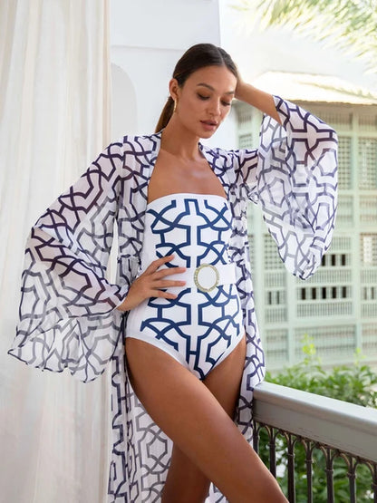 Women's Geometric Print One Piece Swimsuits Cover Up Fashion Bikinis Sets Strapless Bandage Swimwear Bathing Suit Beachwear