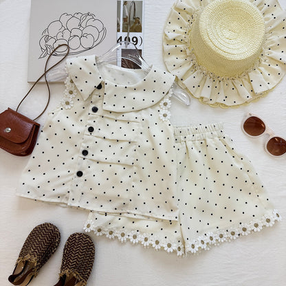 Cute Polka Dot Sleeveless Top with Ruffle Shorts Set for Girls, Summer  Two-Piece Outfit