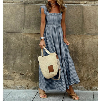 Robe à bretelles patchwork à carreaux chic pour femme, avec taille élastiquée et coupe évasée