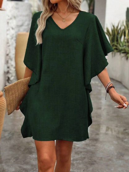SummerWomen's Pure Color Loose Ruffled Fashion V-Neck Dress