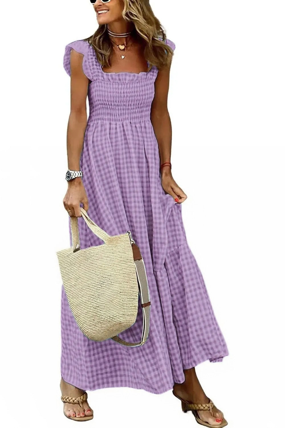 Robe à bretelles patchwork à carreaux chic pour femme, avec taille élastiquée et coupe évasée
