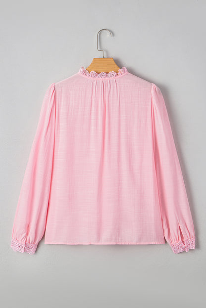 Gossamer Pink Lace Patchwork Edge Collarless Button Up Shirt