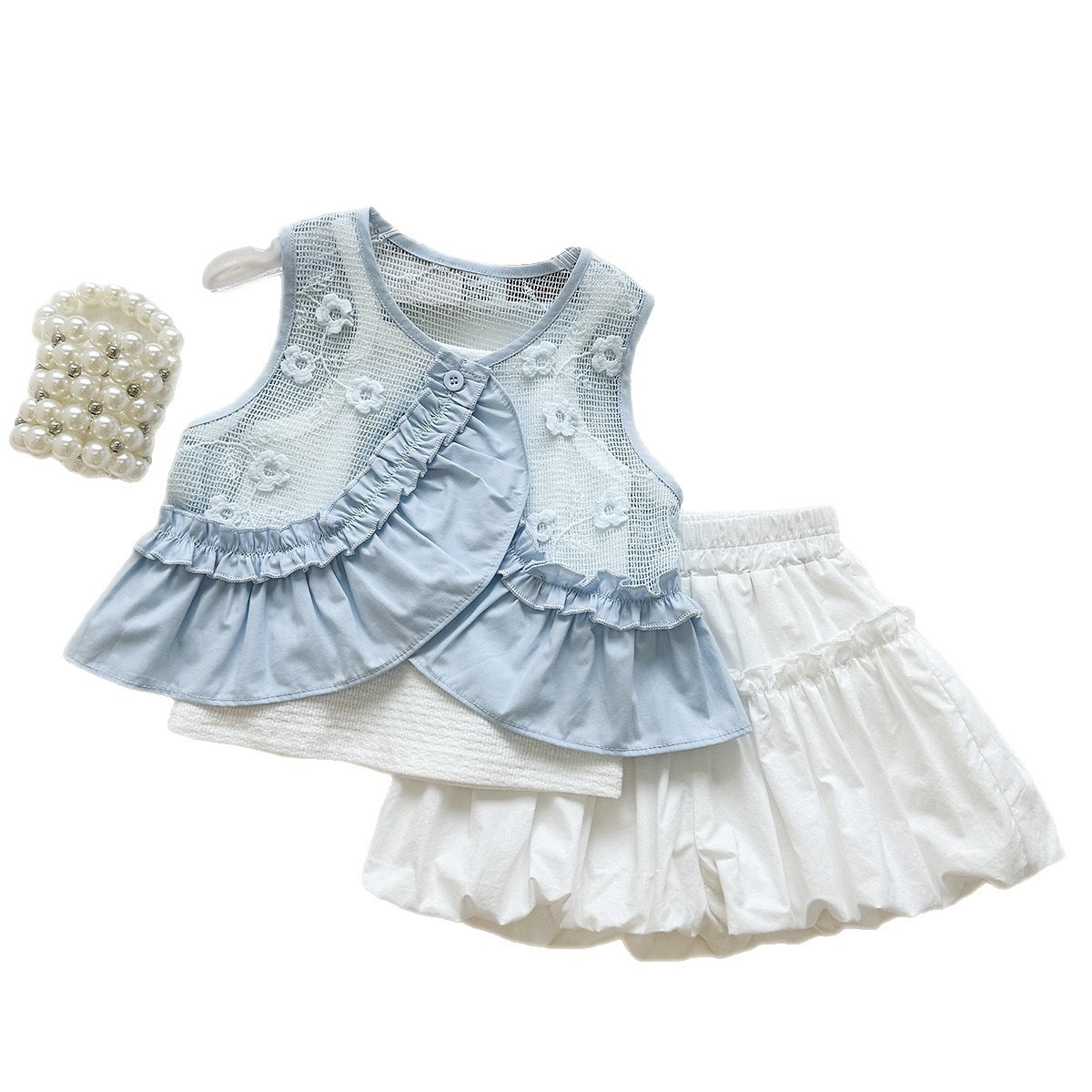 Summer Girls' Outfit Set New Mesh Ruffle Vest Strap Top Bubble Shorts Three-Piece Set Foreign Trade