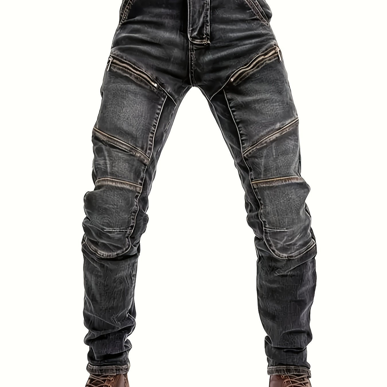Men's Slim-Fit Black Straight-Leg Washed Pants - Streetwear Pants with Faux-Zipper Panel (No actual zip), Machine-Washable All-Season Wear for Jeans Suit & Casual Outfits - Non- Durable Fabric