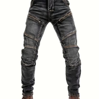 Men's Slim-Fit Black Straight-Leg Washed Pants - Streetwear Pants with Faux-Zipper Panel (No actual zip), Machine-Washable All-Season Wear for Jeans Suit & Casual Outfits - Non- Durable Fabric