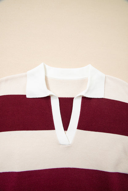 Brown Ribbed Trim Color Block Knitted Polo Collar Sweater
