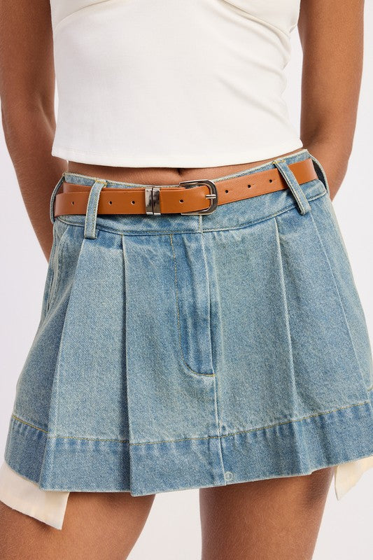 PLEATED DENIM MINI SKIRT WITH CONTRAST HEM DETAIL