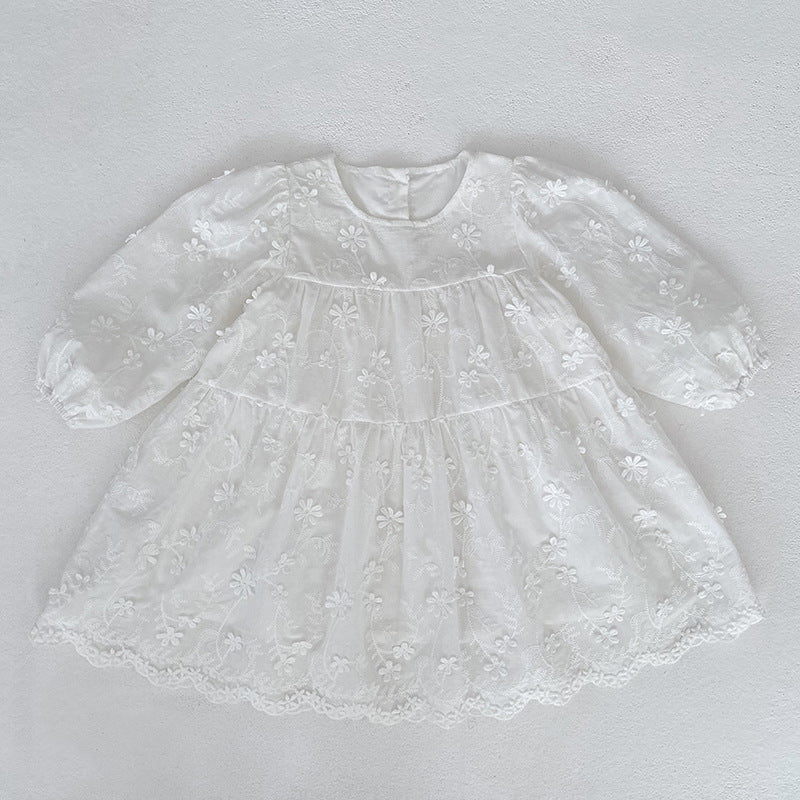 Girls' Dress Spring New Style Fashion White Long Sleeve Embroidered Charming Princess Dress for Children