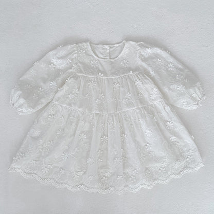 Girls' Dress Spring New Style Fashion White Long Sleeve Embroidered Charming Princess Dress for Children