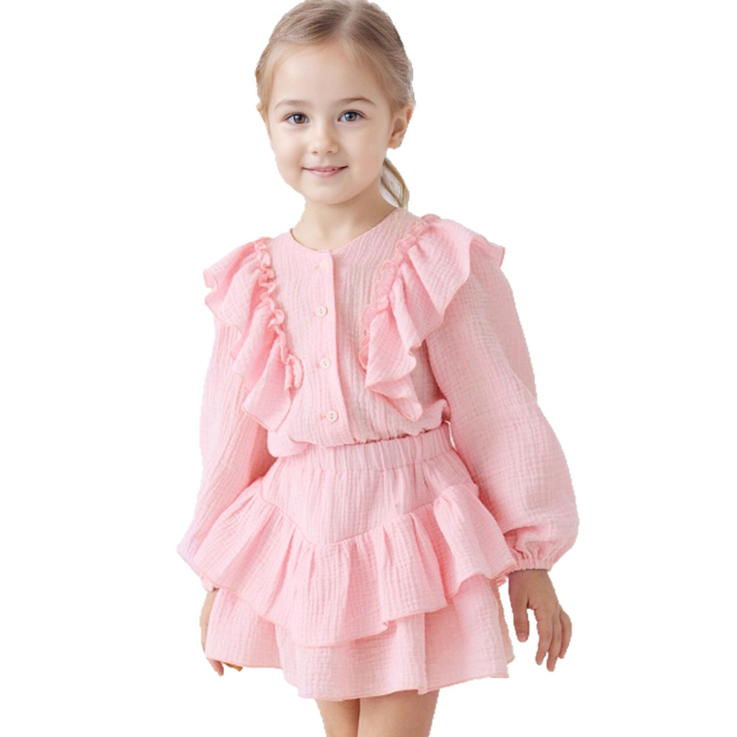 Ins Russian Girls' Cotton Off-Shoulder Sleeve Shirt + Lace Skirt, British Style Children's Two-Piece Set