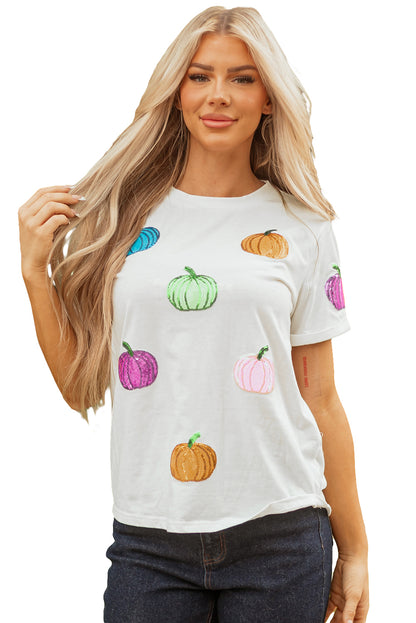 White Sequin Pumpkin Patched Cotton Blend T Shirt