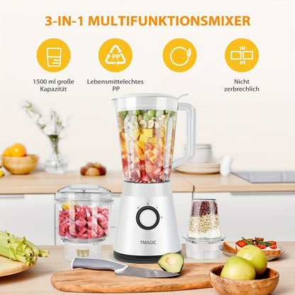 1500ML Large Capacity Blender | 3-in-1 Food Processor, Meat Grinder Chopper, Juicer for Home Kitchen and Vegetables, Healthy Juice, Smoothie, Sorbet, Milk Shake, Ice Slushie | Plastic, 220V-240V, 7MAGIC