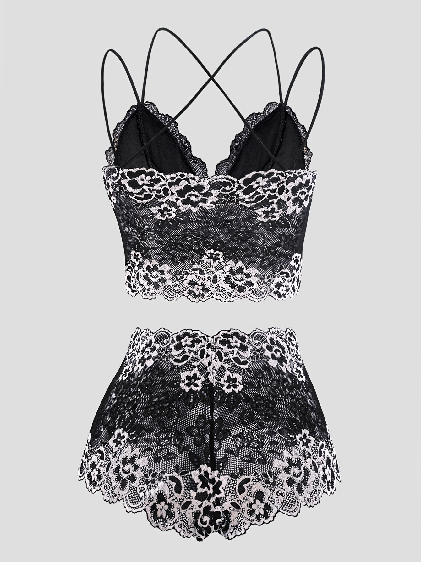 Two-Tone Floral Lace Bra Set, V-Neck Bodycon Hollow-Out Top and Panties, Women's Daily Comfort Underwear