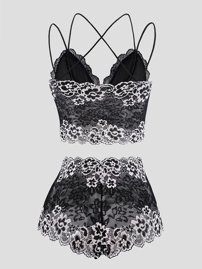 Two-Tone Floral Lace Bra Set, V-Neck Bodycon Hollow-Out Top and Panties, Women's Daily Comfort Underwear