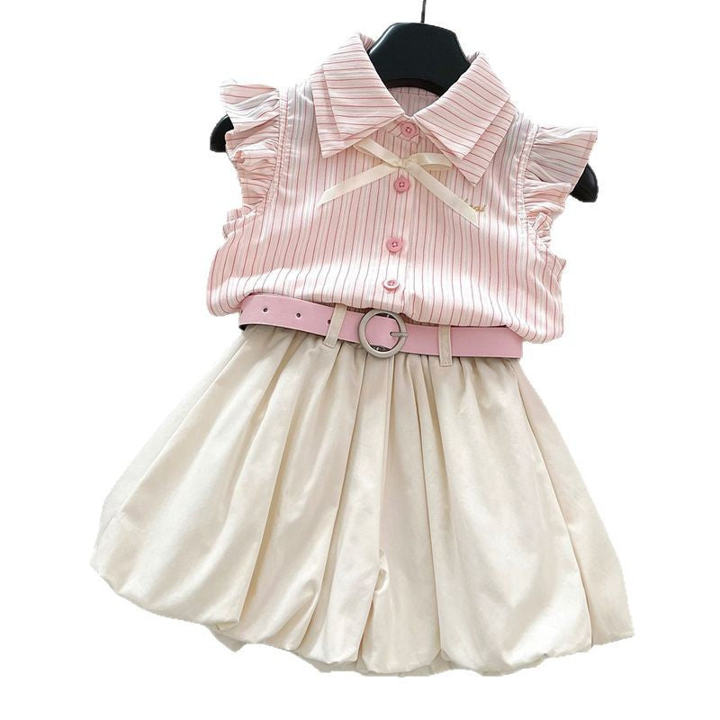 Cute Stripe Flutter Sleeve Top Set for Girls, Princess Style Bloomer Shorts Two-Piece Outfit, Summer Fashion