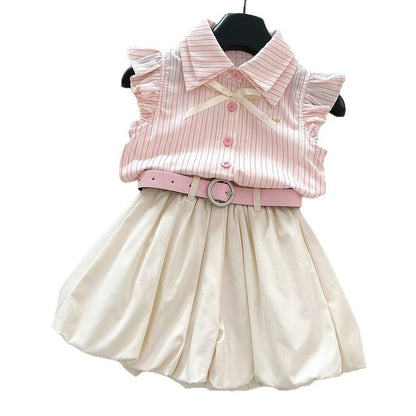 Cute Stripe Flutter Sleeve Top Set for Girls, Princess Style Bloomer Shorts Two-Piece Outfit, Summer Fashion