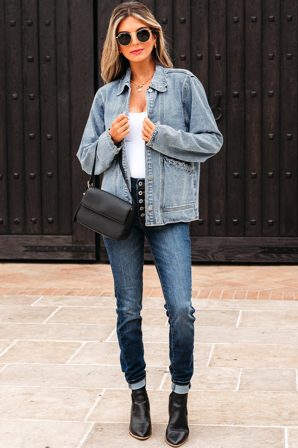 Myosotis Scallop Trim Collar Patched Pocket Button Up Denim Jacket