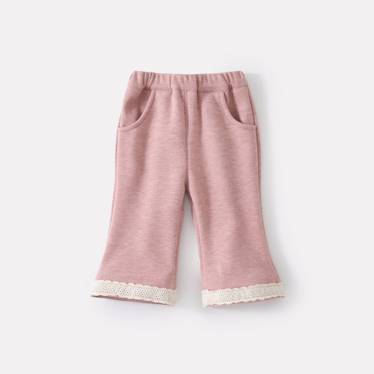 Pantalon évasé à bordure en dentelle, doublé polaire, patchwork épais de couleur unie