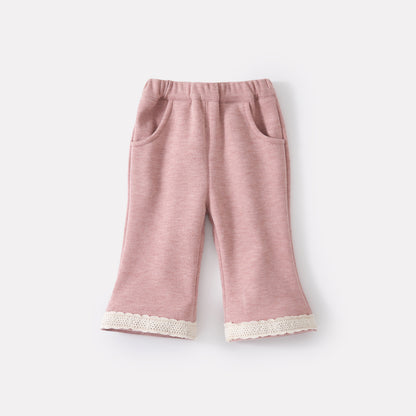 Pantalon évasé à bordure en dentelle, doublé polaire, patchwork épais de couleur unie