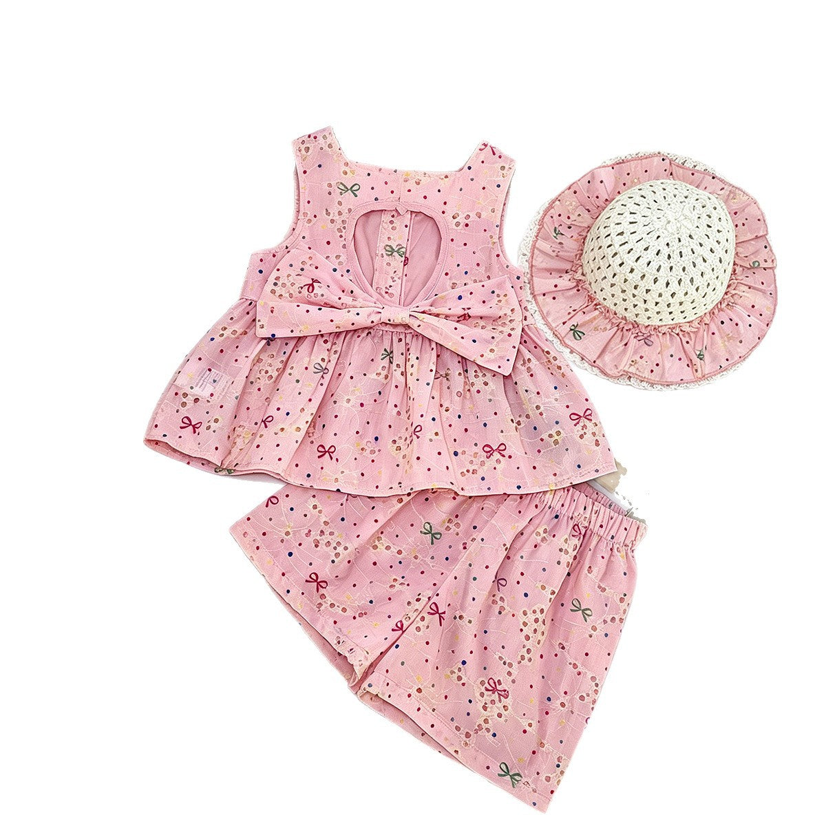 Cute Butterfly Knot Embroidered Sleeveless Top and Shorts Two-Piece Set for Girls with Hat Included