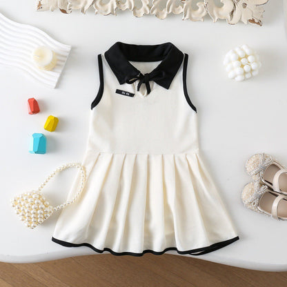 Sleeveless Turn-down Collar Bow Vest Dress for Girls Casual Pleated Skirt