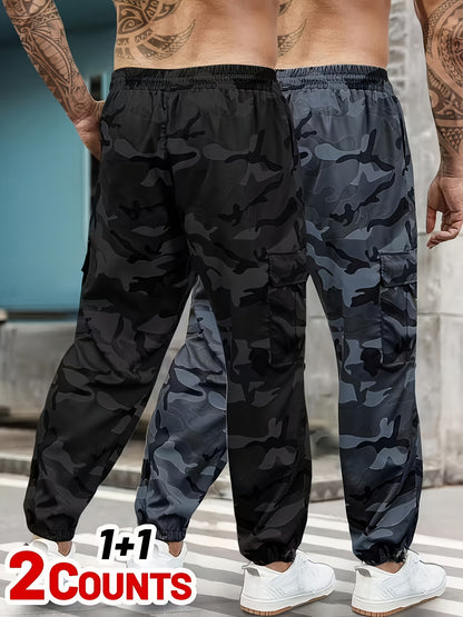 2-Pack 2025 New Men's Camouflage Cargo Pants - Military Style Drawstring Multi-Pocket Long Pants, Spring and Autumn Casual Sports Pants, Stylish Tactical Apparel