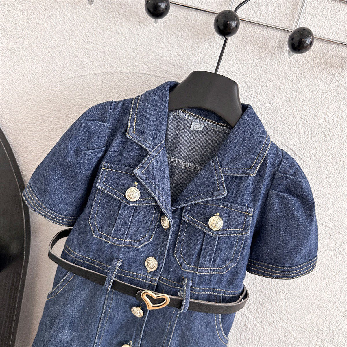 Summer Girls' Dress Short Sleeve Fitted Denim Dress Chic Versatile Retro Dress