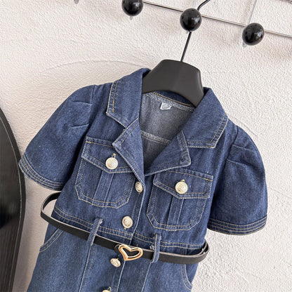 Summer Girls' Dress Short Sleeve Fitted Denim Dress Chic Versatile Retro Dress