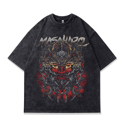 Summer Small Collar Pure Cotton Men's T-Shirt Japanese Ukiyo-e Retro Print Washed Vintage Short Sleeve Tee