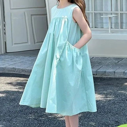 Fresh Mint Color Sleeveless Cotton Cool-Feeling A-Line Princess Dress