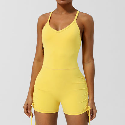 Body de yoga à col en V, bretelles fines, dos croisé, short moulant sans manches avec soutien-gorge intégré