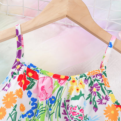 Girls' Summer New Style Dress, Children's Floral Dress, Baby Girl Ethnic Style Flower Dress, Strap Dress
