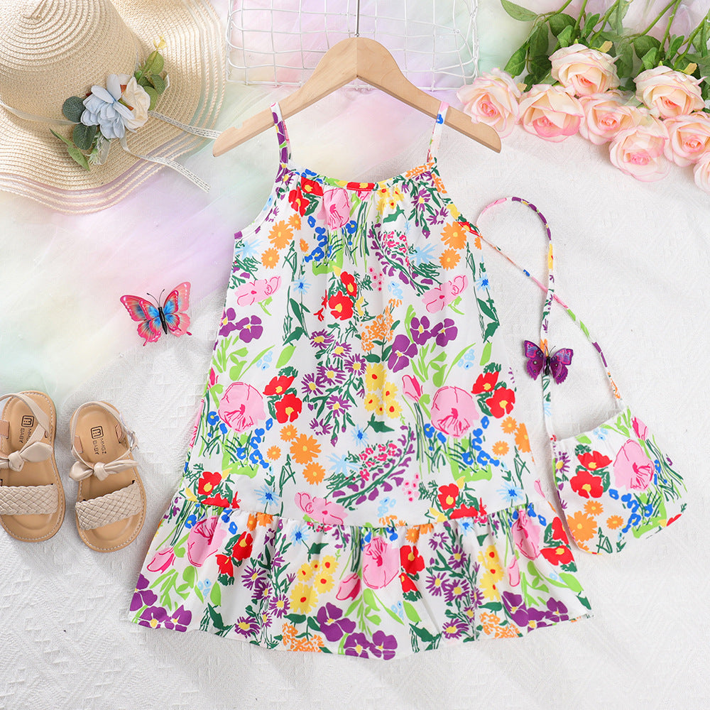 Girls' Summer New Style Dress, Children's Floral Dress, Baby Girl Ethnic Style Flower Dress, Strap Dress