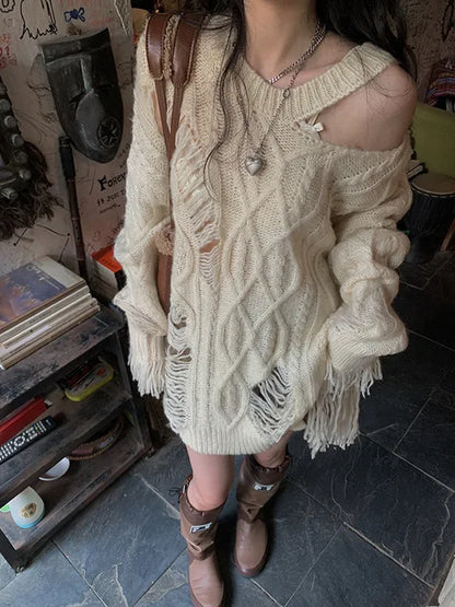 Y2K  Streetwear Tassel Design Knitted Sweaters Women Harajuku Hollow Out Jumper Hole Loose All-match Tops Grunge E-girl