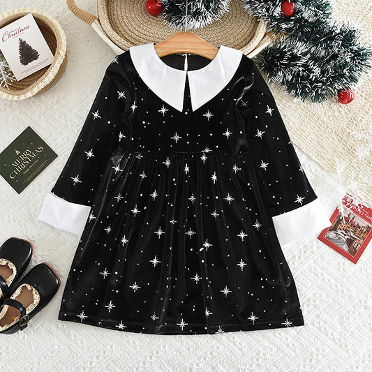 Clothing  Elegant Velvet Long Sleeve Dress with Glitter Star Print, Turn-Down Collar Princess Cut, Children's Formal Dress