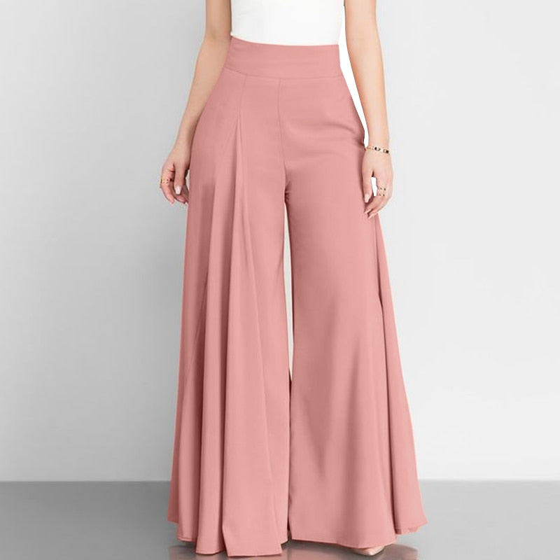 Pantalon élégant taille haute à jambes larges pour femme, style vintage printanier, coupe évasée, uni, fermeture éclair, palazzo