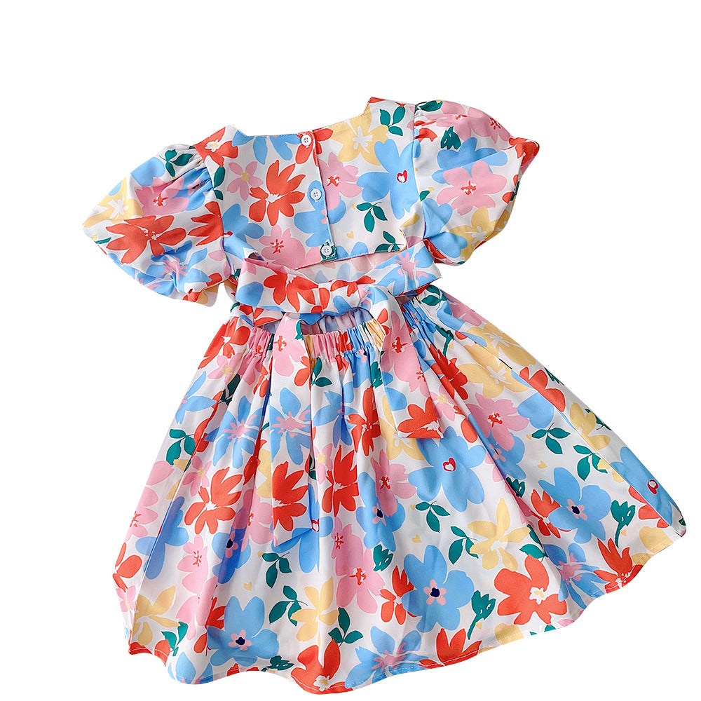 Backless Floral Print Children's Dress for Girls, Summer Bubble Sleeve Short Sleeve Dress, Vacation Dress