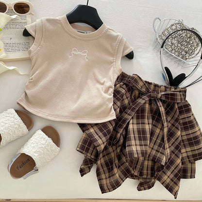 Girls Summer Short Sleeve Embroidered T-Shirt Set, Lightweight Plaid Bow Irregular Skirt Two-Piece Outfit