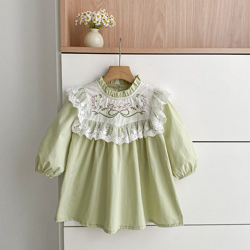 Spring New Girls' Dress with Lace Collar and Floral Embroidery, Sweet Princess Dress for Children